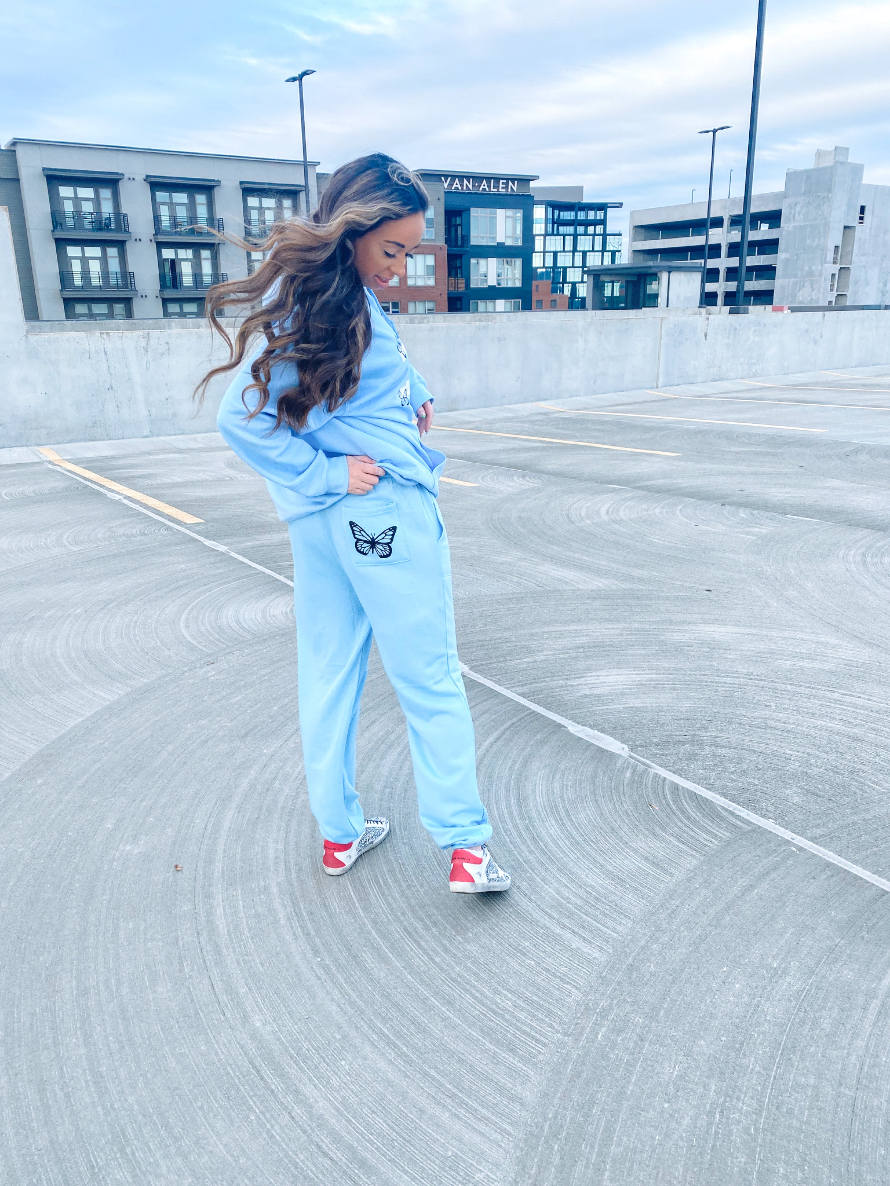 Blue online butterfly sweatpants